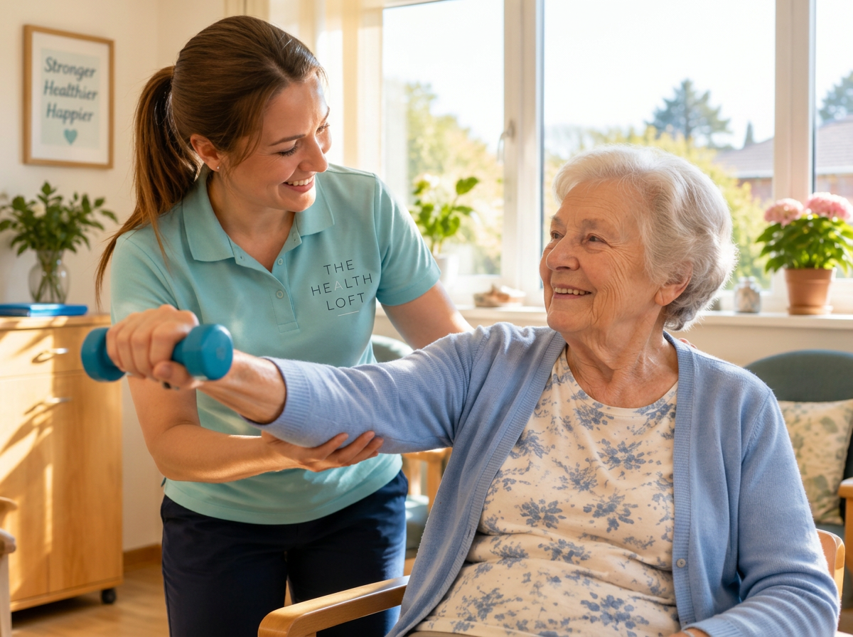 Physiotherapeutin unterstützt eine Seniorin bei einer Übung in einem Pflegeheim